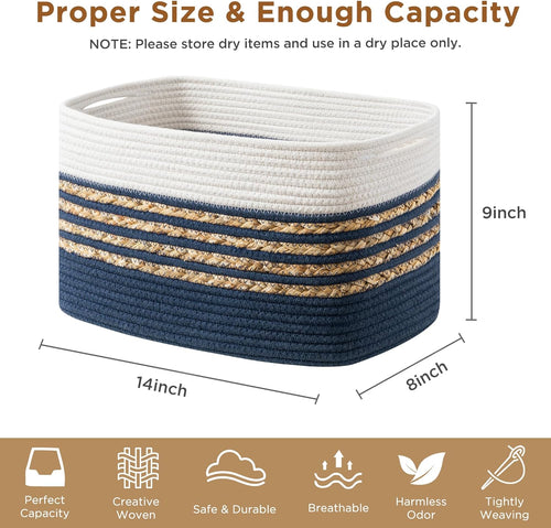 UBBCARE 1 Pack Baskets for Organizing, Woven Storage Baskets for Toys and Towel, Rectangle Cotton Rope Basket with Handles, 14''L x 8''W x9''H, Navy Blue