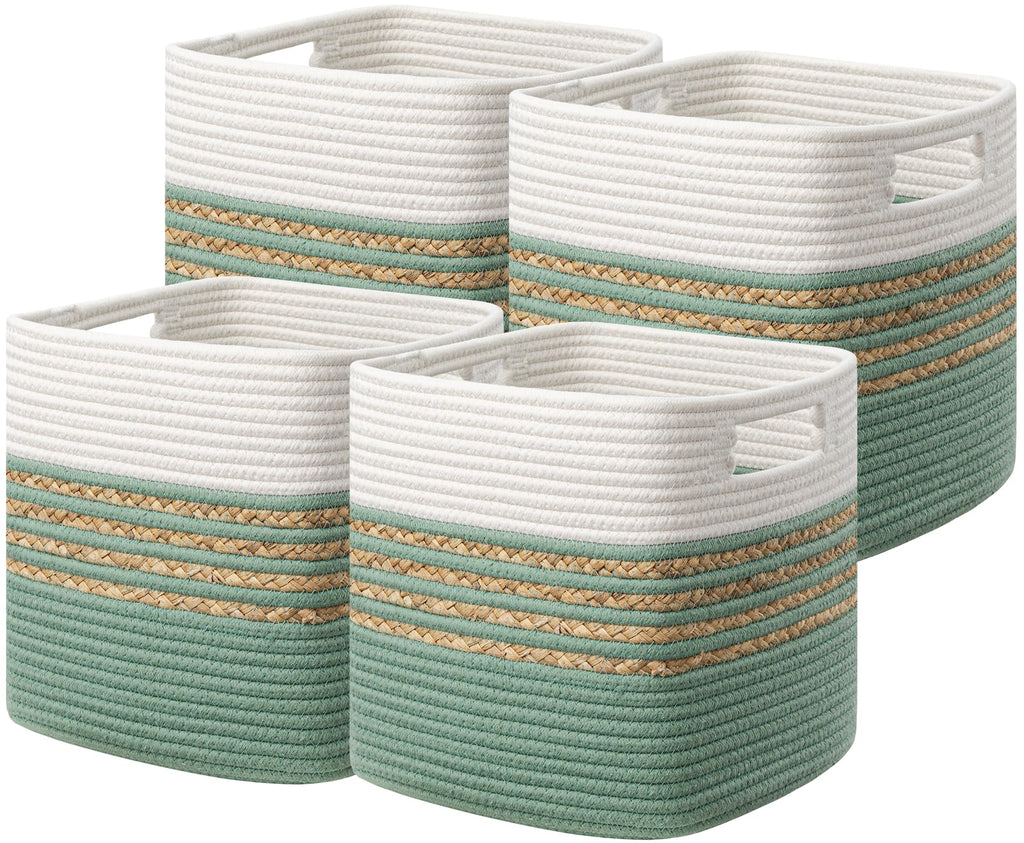 UBBCARE Set of 4 Storage Cubes 11 X 10.5 X 10.5 in, Water Hyacinth Storage Bins for Shelves, Toys, Books, Organizing Baskets with Handles, Cotton Rope Woven Baskets, Black