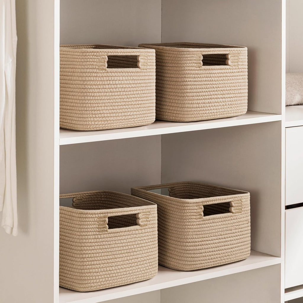 UBBCARE Storage Cubes 4 Pack, 11x 11x 7.8 Cube Storage Bin with Handles, Cotton Rope Baskets for Organizing, Woven Baskets for Shelf, Baby Nursery, Toy Storage, Closet, Classroom, Brown