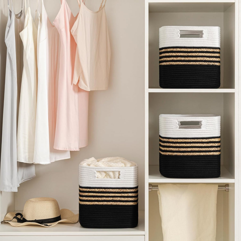 UBBCARE Set of 4 Storage Cubes 11 X 10.5 X 10.5 in, Water Hyacinth Storage Bins for Shelves, Toys, Books, Organizing Baskets with Handles, Cotton Rope Woven Baskets, Black