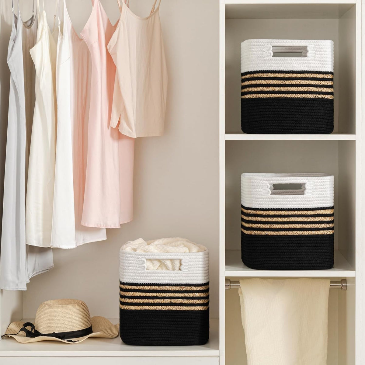 UBBCARE Set of 4 Storage Cubes 11 X 10.5 X 10.5 in, Water Hyacinth Storage Bins for Shelves, Toys, Books, Organizing Baskets with Handles, Cotton Rope Woven Baskets, Black