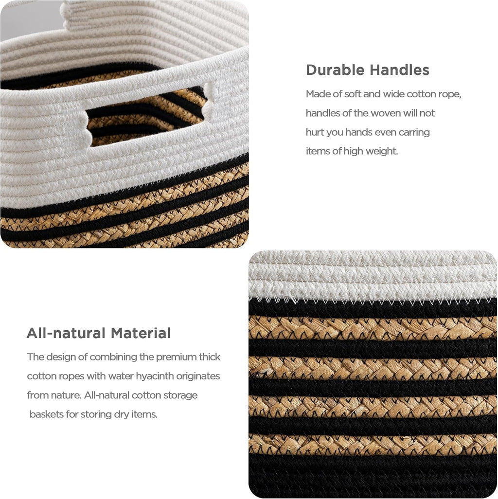 UBBCARE Set of 4 Storage Cubes 11 X 10.5 X 10.5 in, Water Hyacinth Storage Bins for Shelves, Toys, Books, Organizing Baskets with Handles, Cotton Rope Woven Baskets, Black