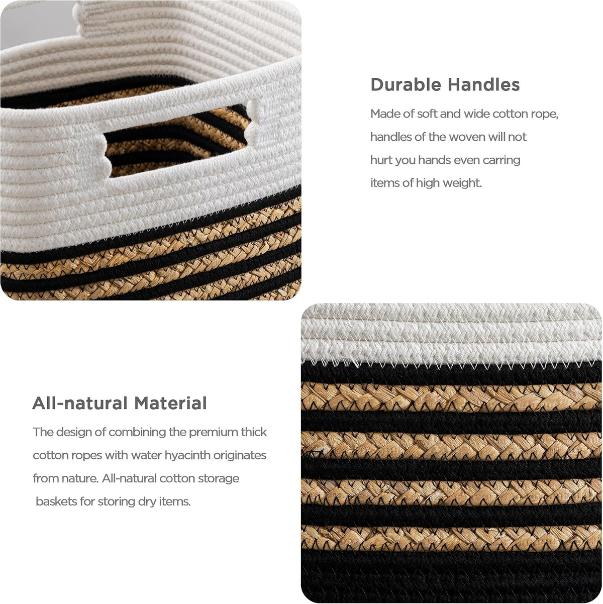 UBBCARE Set of 4 Storage Cubes 11 X 10.5 X 10.5 in, Water Hyacinth Storage Bins for Shelves, Toys, Books, Organizing Baskets with Handles, Cotton Rope Woven Baskets, Black