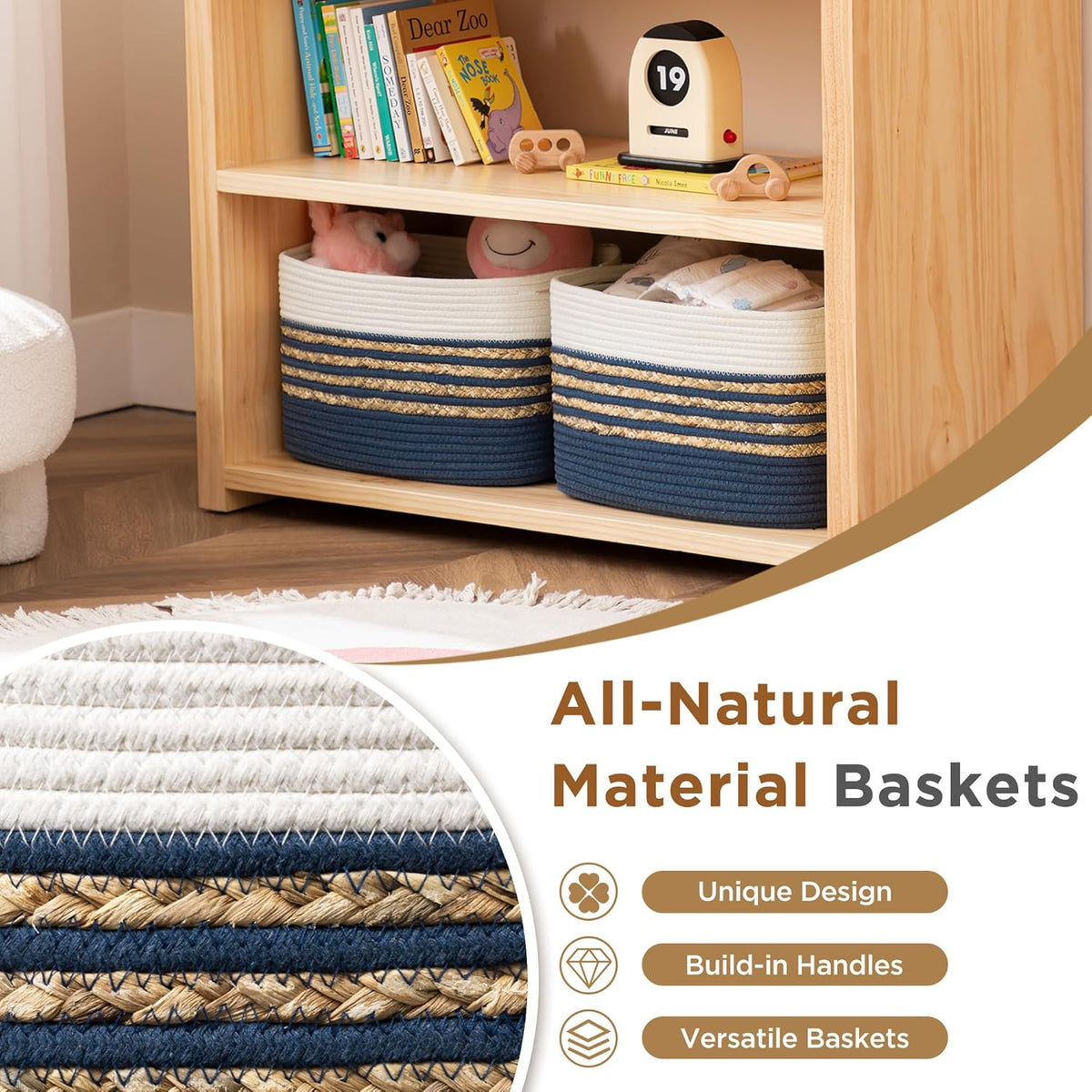 UBBCARE 1 Pack Baskets for Organizing, Woven Storage Baskets for Toys and Towel, Rectangle Cotton Rope Basket with Handles, 14''L x 8''W x9''H, Navy Blue