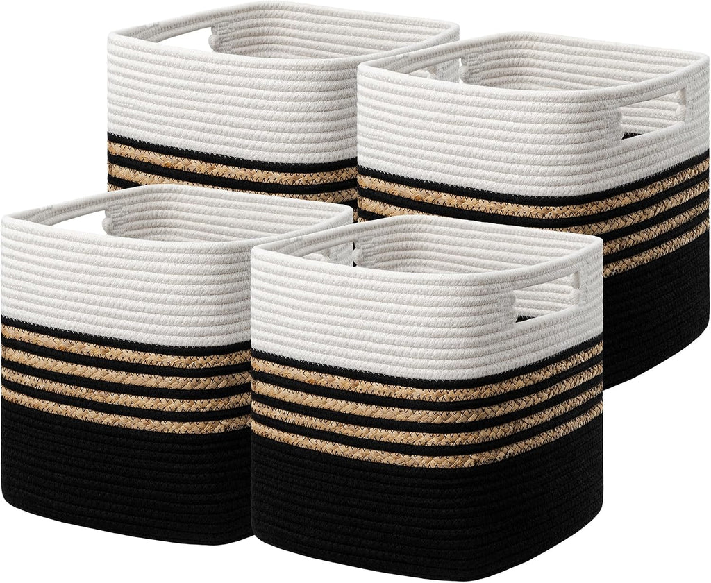 UBBCARE Set of 4 Storage Cubes 11 X 10.5 X 10.5 in, Water Hyacinth Storage Bins for Shelves, Toys, Books, Organizing Baskets with Handles, Cotton Rope Woven Baskets, Black