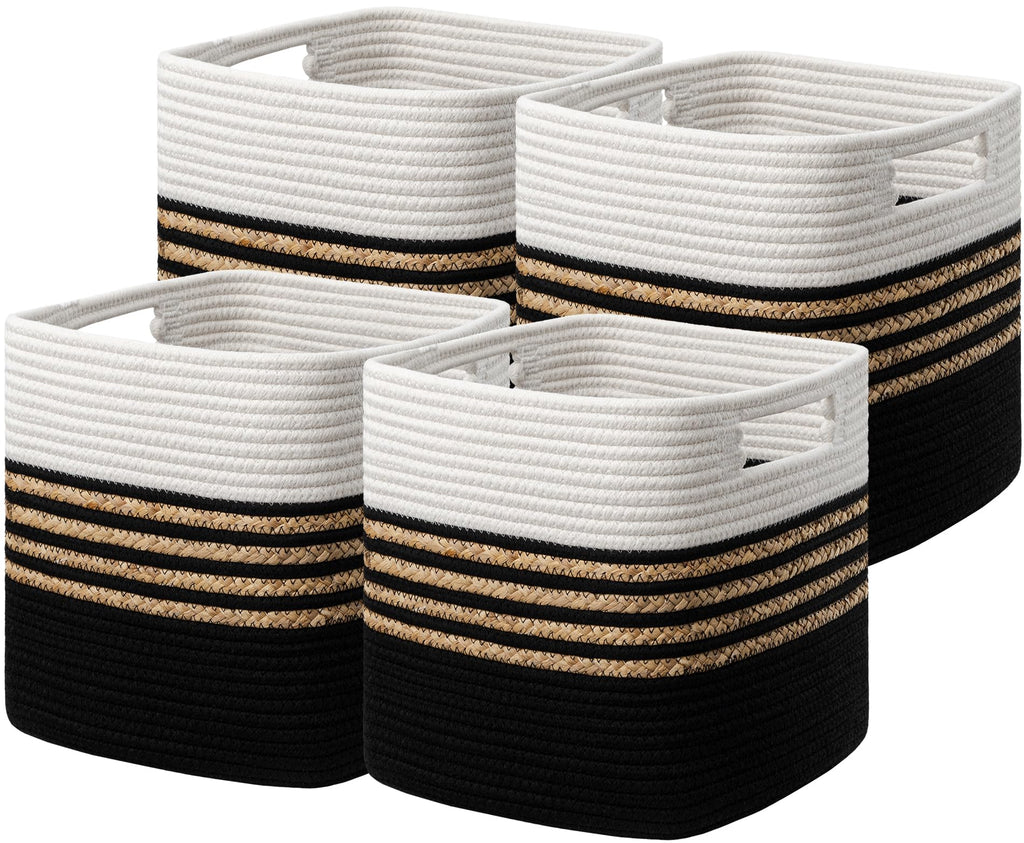 UBBCARE Set of 4 Storage Cubes 11 X 10.5 X 10.5 in, Water Hyacinth Storage Bins for Shelves, Toys, Books, Organizing Baskets with Handles, Cotton Rope Woven Baskets, Black