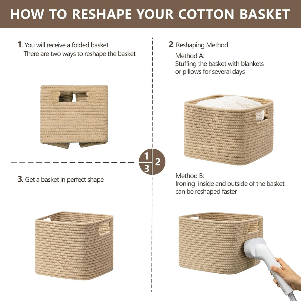 UBBCARE Storage Cubes 4 Pack, 11x 11x 7.8 Cube Storage Bin with Handles, Cotton Rope Baskets for Organizing, Woven Baskets for Shelf, Baby Nursery, Toy Storage, Closet, Classroom, Brown