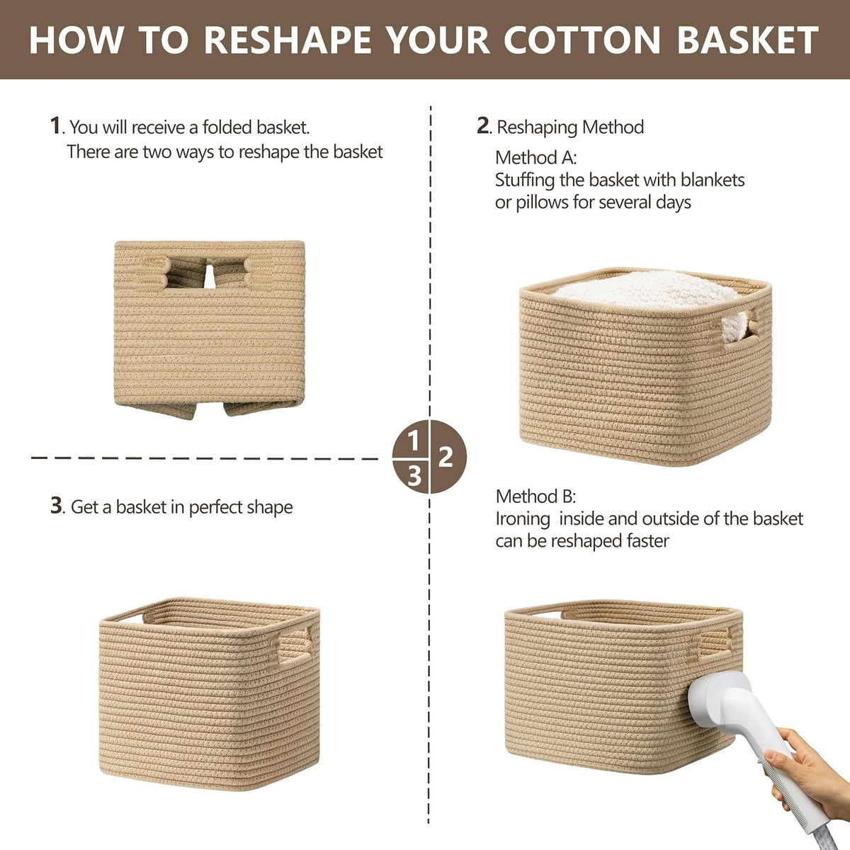 UBBCARE Storage Cubes 4 Pack, 11x 11x 7.8 Cube Storage Bin with Handles, Cotton Rope Baskets for Organizing, Woven Baskets for Shelf, Baby Nursery, Toy Storage, Closet, Classroom, Brown