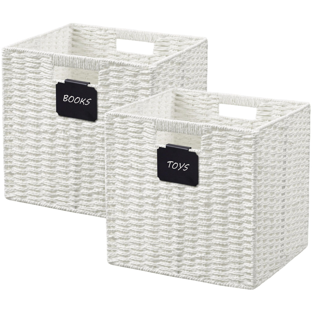 UBBCARE 2 Pack Wicker Basket, 10.5×10.5 Storage Cubes with Label, Foldable Cube Storage Bin with Handle, Square Storage Basket for Shelves, Woven Paper Rope Basket for Organizing, Black