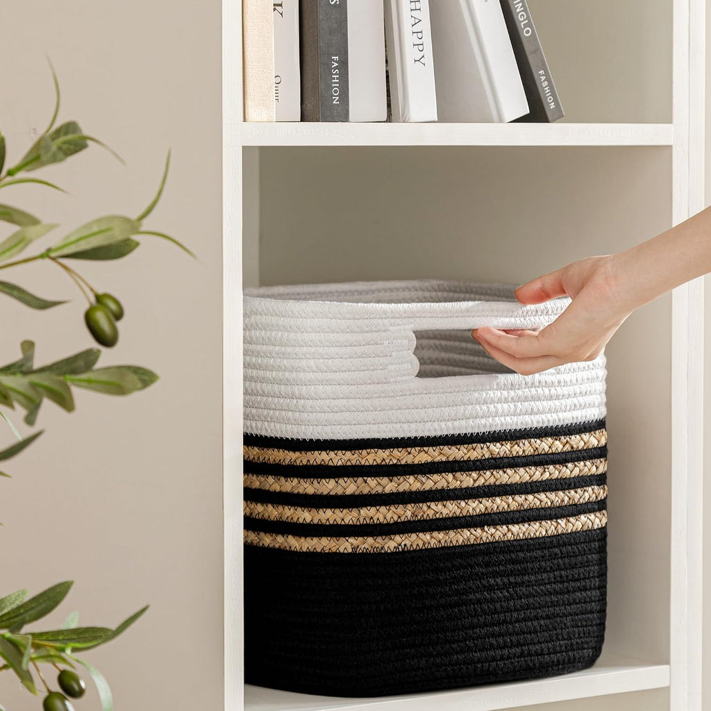UBBCARE Set of 4 Storage Cubes 11 X 10.5 X 10.5 in, Water Hyacinth Storage Bins for Shelves, Toys, Books, Organizing Baskets with Handles, Cotton Rope Woven Baskets, Black