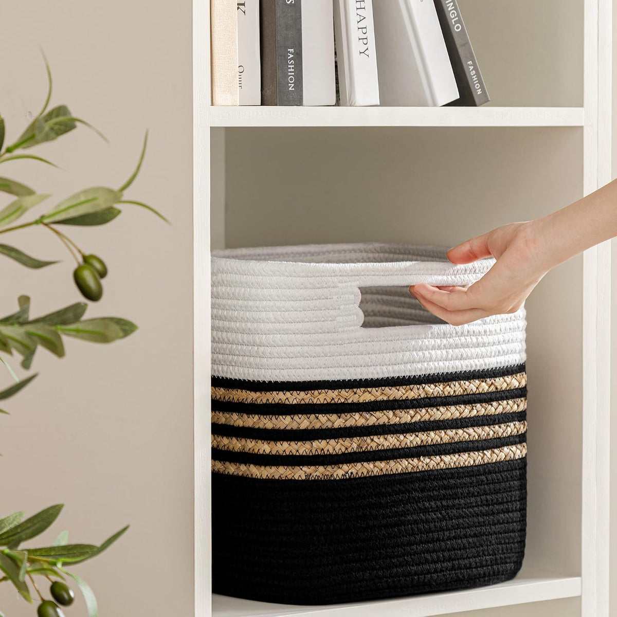 UBBCARE Set of 4 Storage Cubes 11 X 10.5 X 10.5 in, Water Hyacinth Storage Bins for Shelves, Toys, Books, Organizing Baskets with Handles, Cotton Rope Woven Baskets, Black