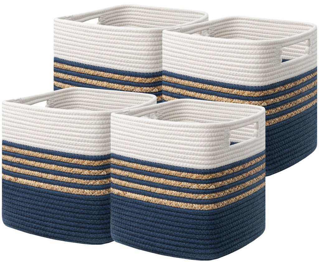UBBCARE Set of 4 Storage Cubes 11 X 10.5 X 10.5 in, Water Hyacinth Storage Bins for Shelves, Toys, Books, Organizing Baskets with Handles, Cotton Rope Woven Baskets, Black
