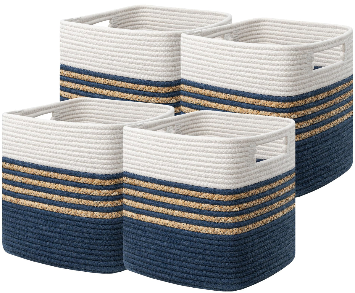 UBBCARE Set of 4 Storage Cubes 11 X 10.5 X 10.5 in, Water Hyacinth Storage Bins for Shelves, Toys, Books, Organizing Baskets with Handles, Cotton Rope Woven Baskets, Black
