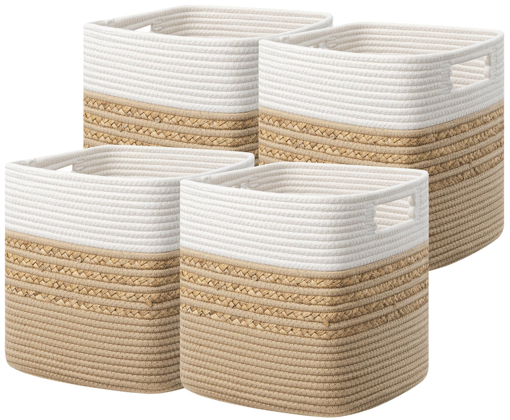 UBBCARE Set of 4 Storage Cubes 11 X 10.5 X 10.5 in, Water Hyacinth Storage Bins for Shelves, Toys, Books, Organizing Baskets with Handles, Cotton Rope Woven Baskets, Black