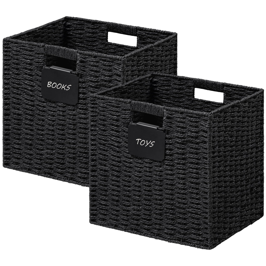 UBBCARE 2 Pack Wicker Basket, 10.5×10.5 Storage Cubes with Label, Foldable Cube Storage Bin with Handle, Square Storage Basket for Shelves, Woven Paper Rope Basket for Organizing, Black
