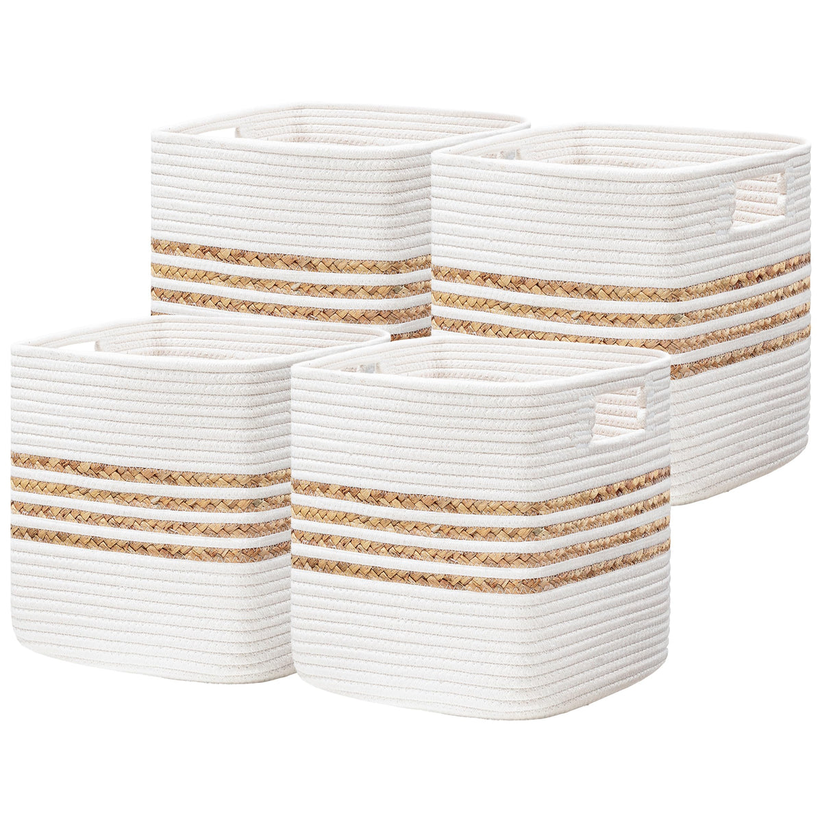 UBBCARE Set of 4 Storage Cubes 11 X 10.5 X 10.5 in, Water Hyacinth Storage Bins for Shelves, Toys, Books, Organizing Baskets with Handles, Cotton Rope Woven Baskets, Black