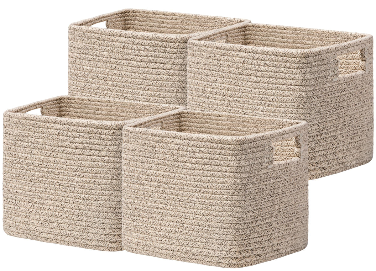UBBCARE Storage Cubes 4 Pack, 11x 11x 7.8 Cube Storage Bin with Handles, Cotton Rope Baskets for Organizing, Woven Baskets for Shelf, Baby Nursery, Toy Storage, Closet, Classroom, Brown