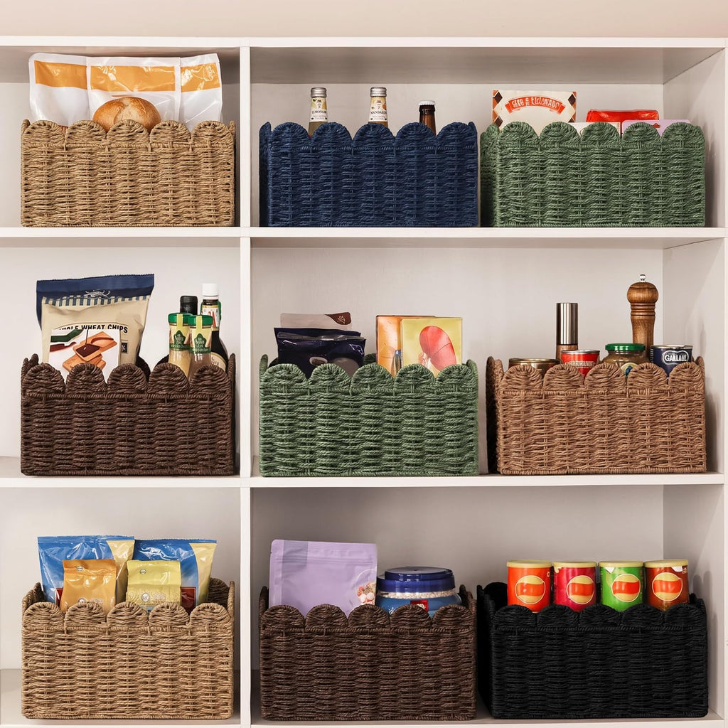 UBBCARE 2 Pack Scalloped Edge Basket, Wicker Storage Baskets for Shelves