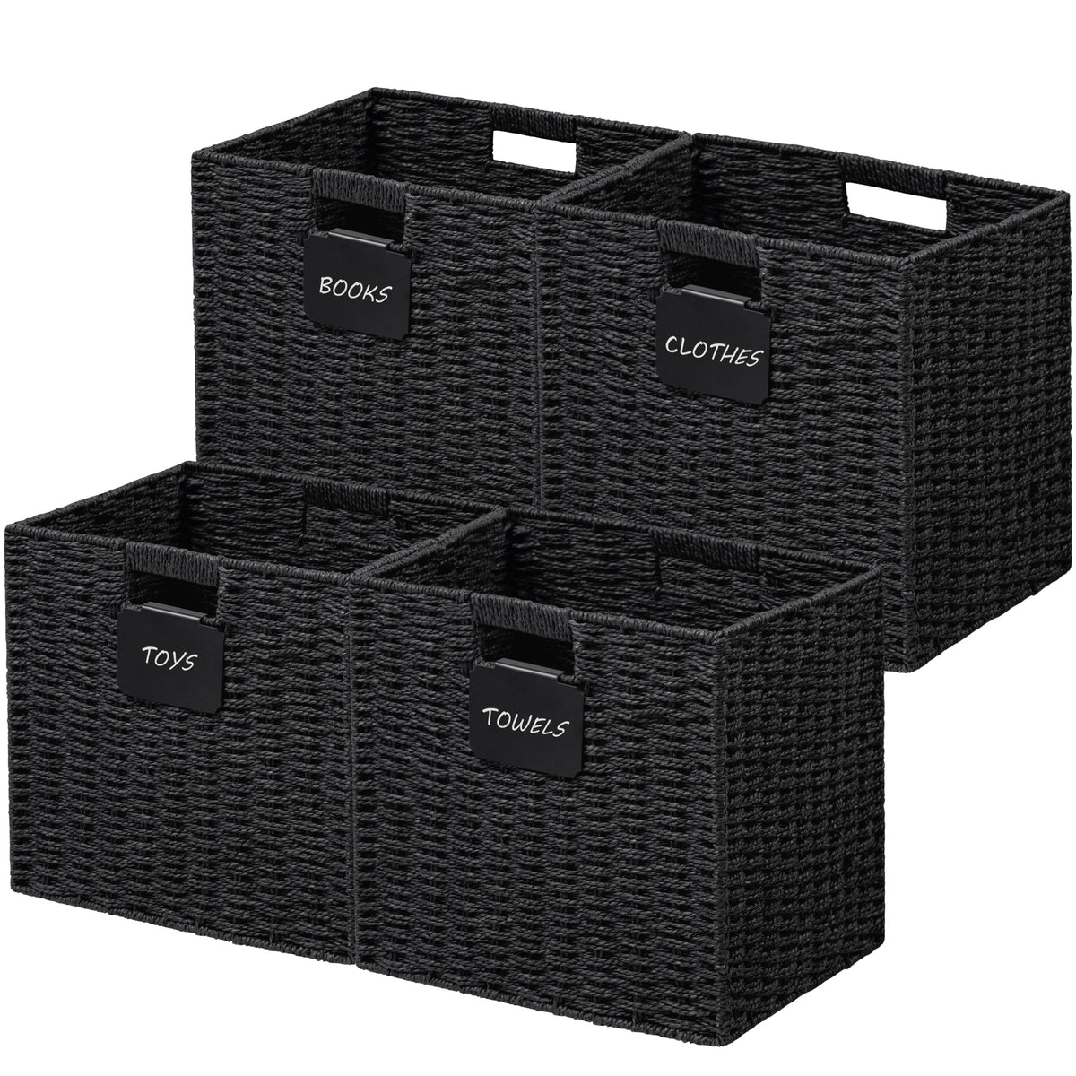 UBBCARE 2 Pack Wicker Basket, 10.5×10.5 Storage Cubes with Label, Foldable Cube Storage Bin with Handle, Square Storage Basket for Shelves, Woven Paper Rope Basket for Organizing, Black