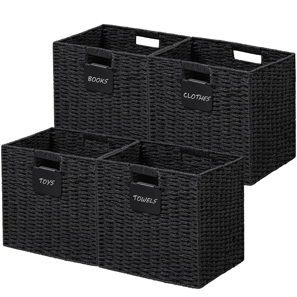 UBBCARE 2 Pack Wicker Basket, 10.5×10.5 Storage Cubes with Label, Foldable Cube Storage Bin with Handle, Square Storage Basket for Shelves, Woven Paper Rope Basket for Organizing, Black