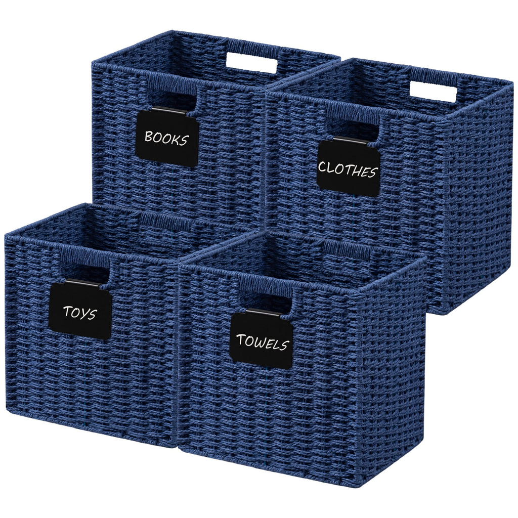 UBBCARE 2 Pack Wicker Basket, 10.5×10.5 Storage Cubes with Label, Foldable Cube Storage Bin with Handle, Square Storage Basket for Shelves, Woven Paper Rope Basket for Organizing, Black