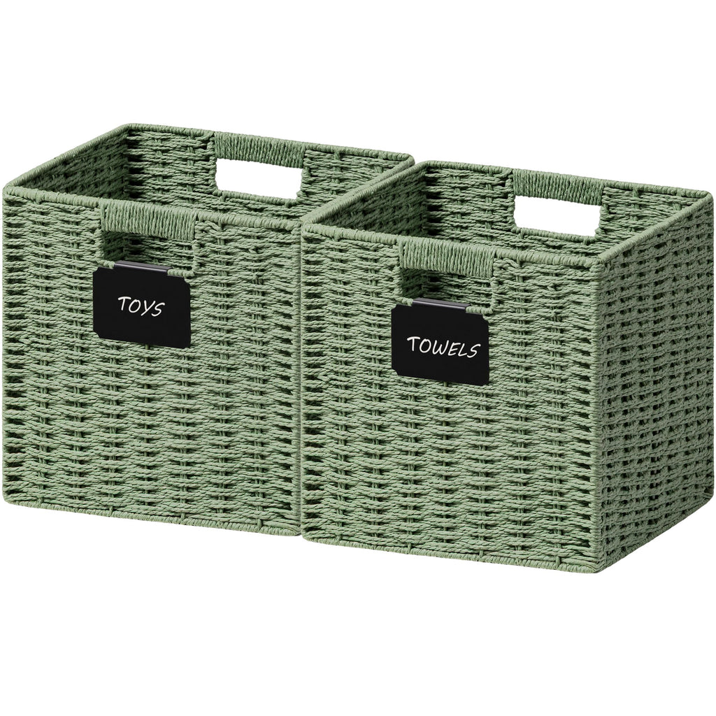UBBCARE 2 Pack Wicker Basket, 10.5×10.5 Storage Cubes with Label, Foldable Cube Storage Bin with Handle, Square Storage Basket for Shelves, Woven Paper Rope Basket for Organizing, Black