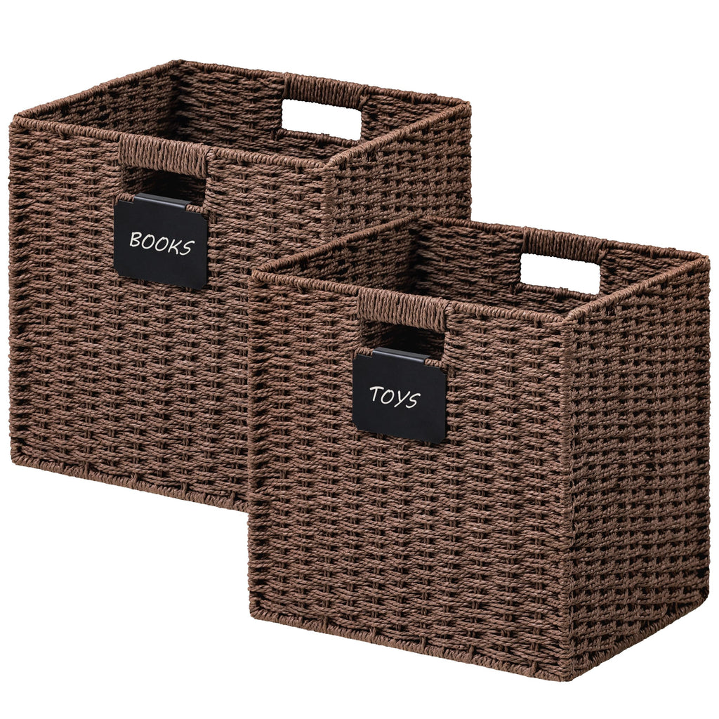 UBBCARE 2 Pack Wicker Basket, 10.5×10.5 Storage Cubes with Label, Foldable Cube Storage Bin with Handle, Square Storage Basket for Shelves, Woven Paper Rope Basket for Organizing, Black