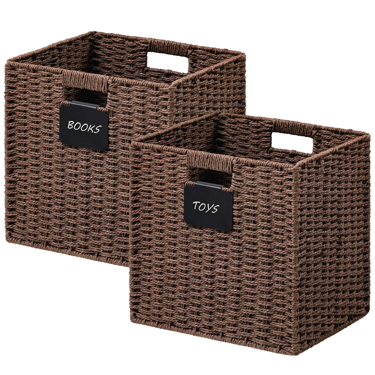 UBBCARE 2 Pack Wicker Basket, 10.5×10.5 Storage Cubes with Label, Foldable Cube Storage Bin with Handle, Square Storage Basket for Shelves, Woven Paper Rope Basket for Organizing, Black