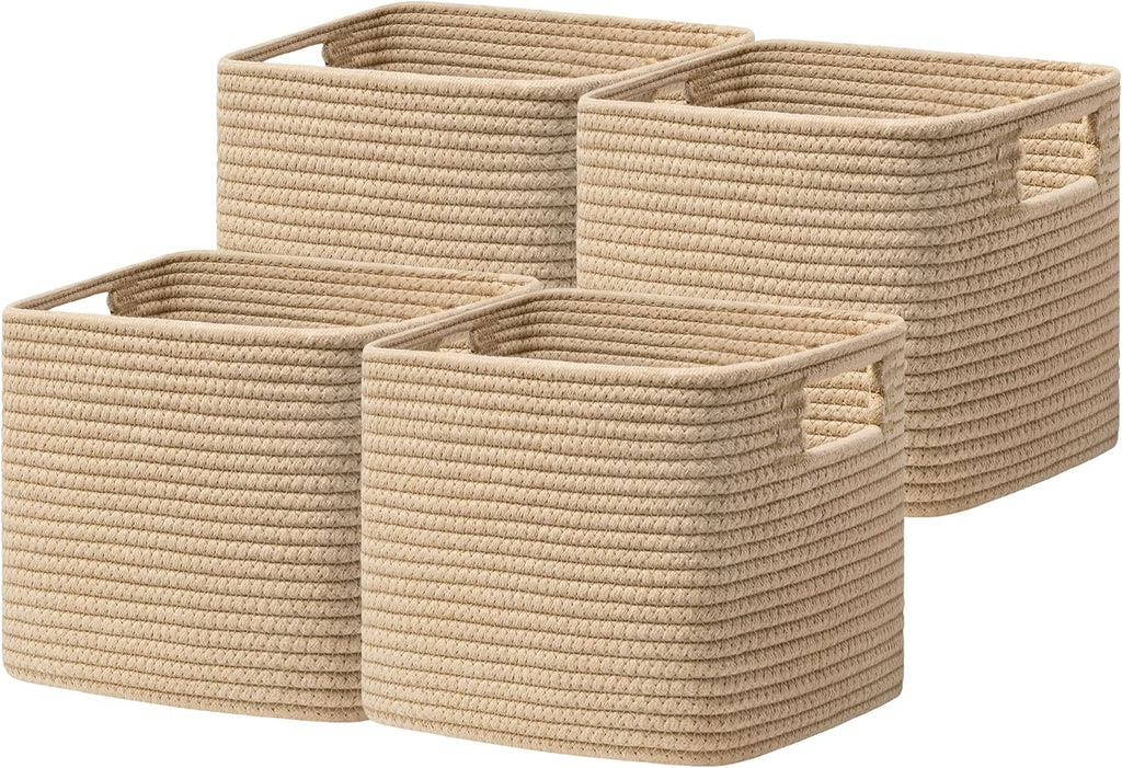 UBBCARE Storage Cubes 4 Pack, 11x 11x 7.8 Cube Storage Bin with Handles, Cotton Rope Baskets for Organizing, Woven Baskets for Shelf, Baby Nursery, Toy Storage, Closet, Classroom, Brown