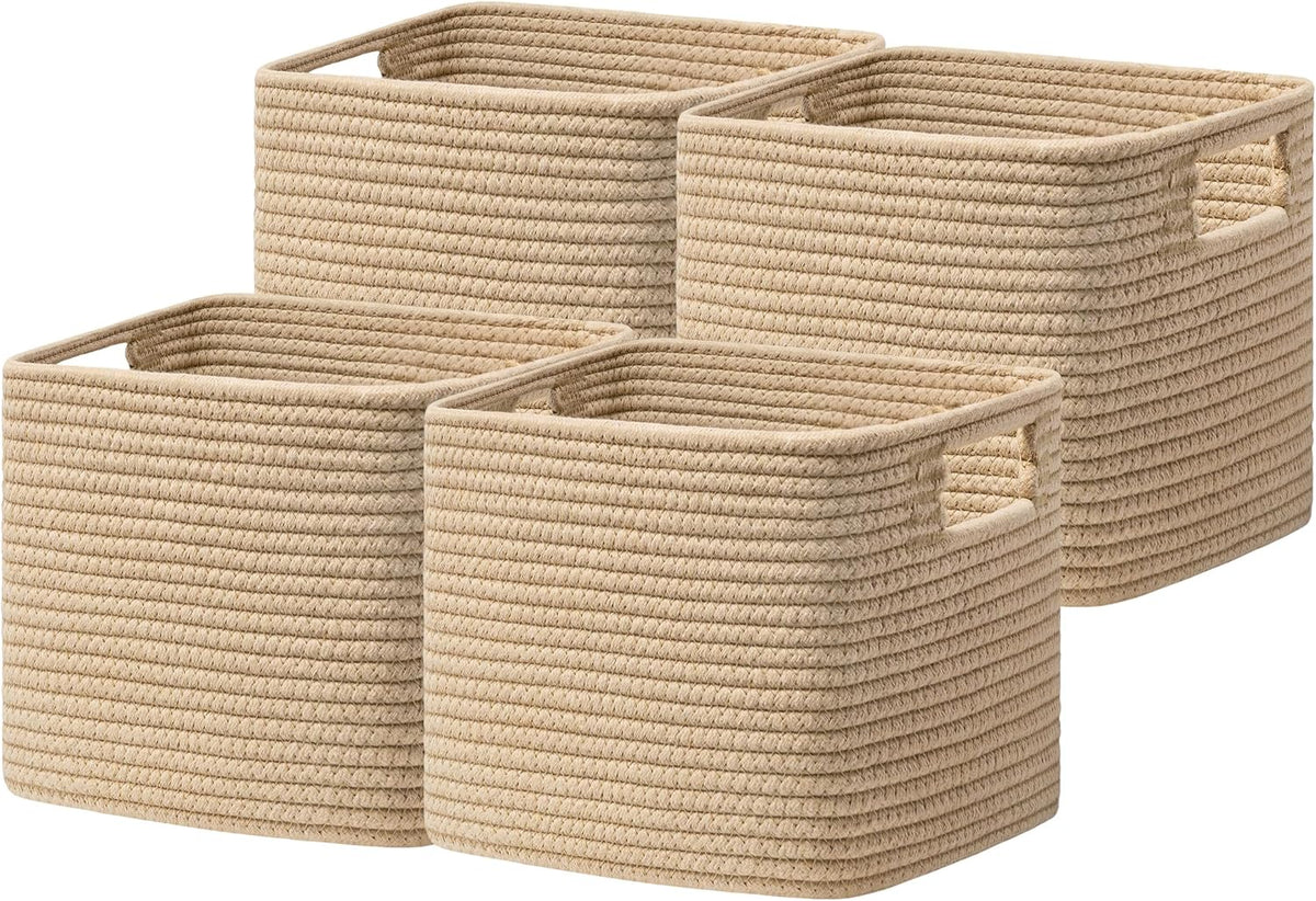 UBBCARE Storage Cubes 4 Pack, 11x 11x 7.8 Cube Storage Bin with Handles, Cotton Rope Baskets for Organizing, Woven Baskets for Shelf, Baby Nursery, Toy Storage, Closet, Classroom, Brown