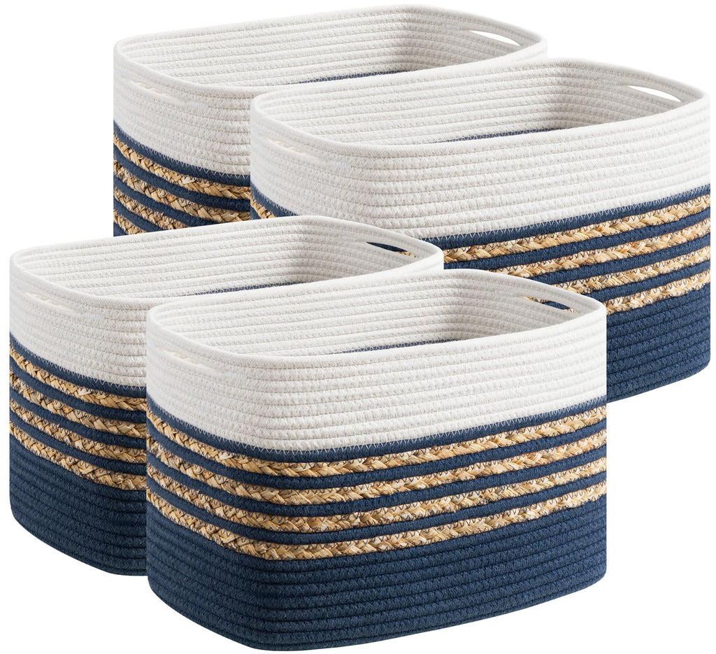 UBBCARE 1 Pack Baskets for Organizing, Woven Storage Baskets for Toys and Towel, Rectangle Cotton Rope Basket with Handles, 14''L x 8''W x9''H, Navy Blue