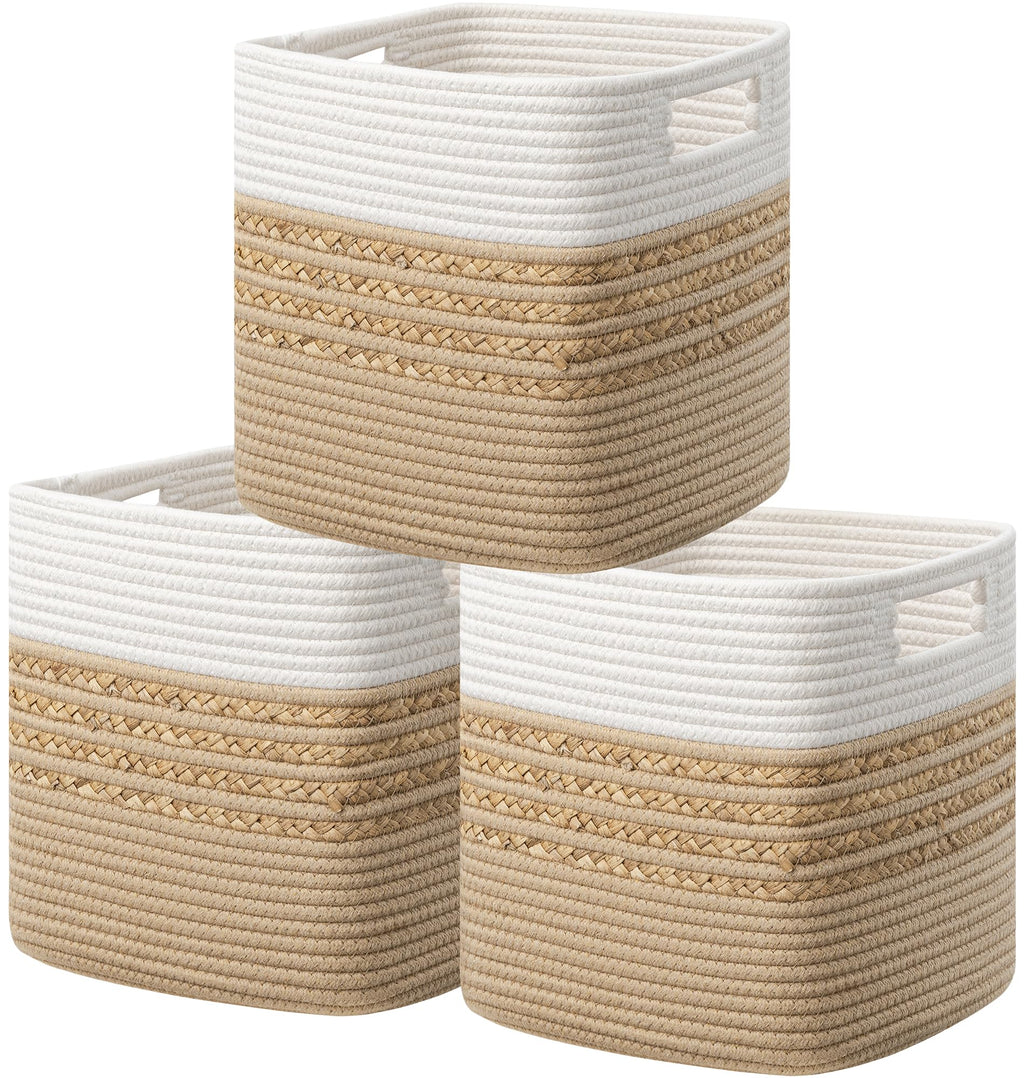 UBBCARE Set of 4 Storage Cubes 11 X 10.5 X 10.5 in, Water Hyacinth Storage Bins for Shelves, Toys, Books, Organizing Baskets with Handles, Cotton Rope Woven Baskets, Black