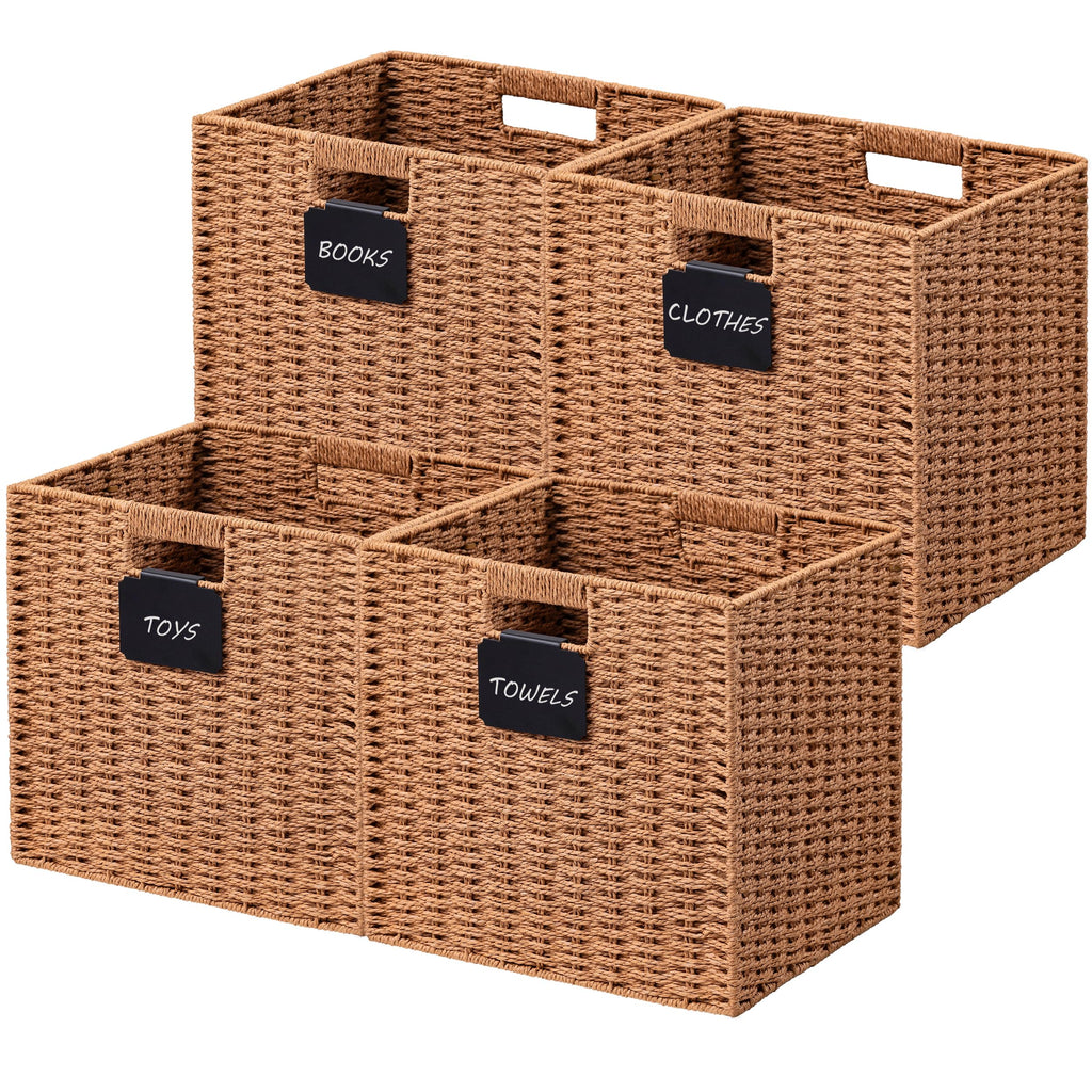 UBBCARE 2 Pack Wicker Basket, 10.5×10.5 Storage Cubes with Label, Foldable Cube Storage Bin with Handle, Square Storage Basket for Shelves, Woven Paper Rope Basket for Organizing, Black