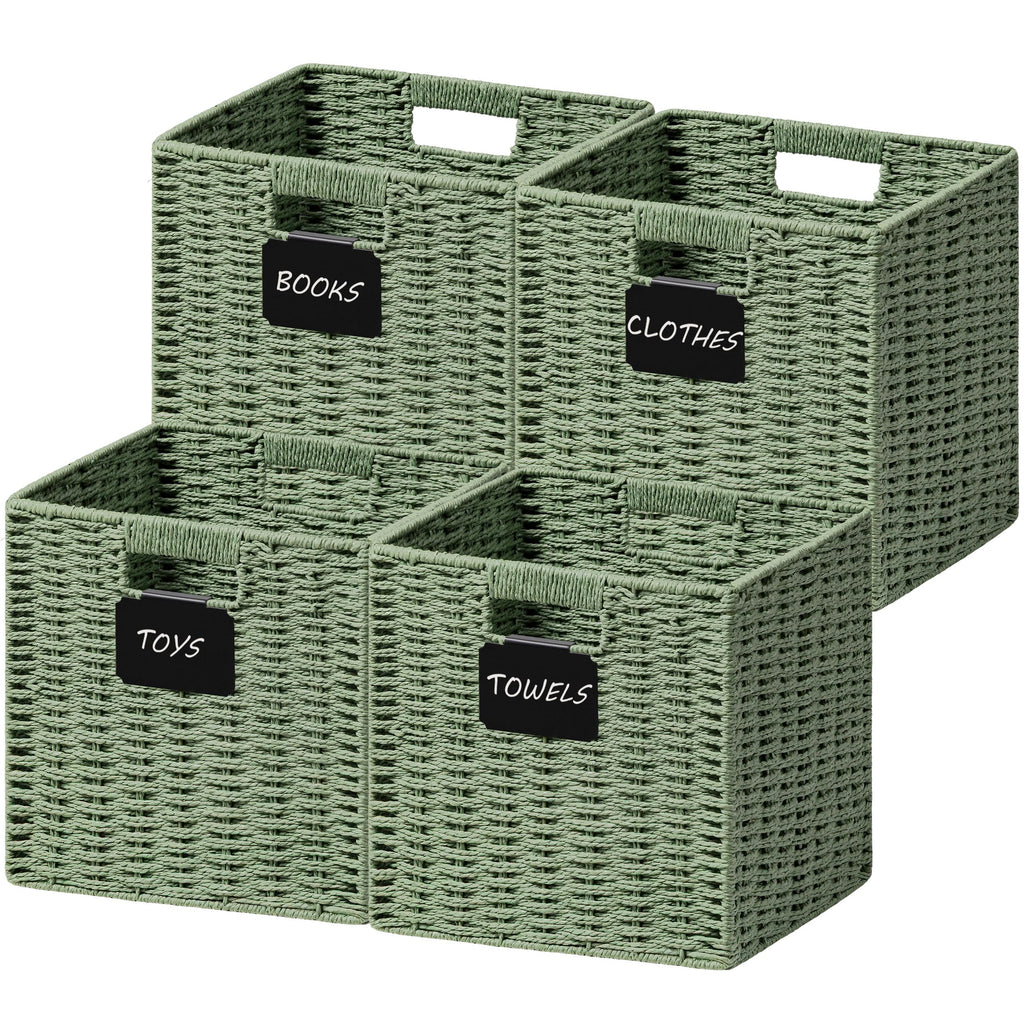 UBBCARE 2 Pack Wicker Basket, 10.5×10.5 Storage Cubes with Label, Foldable Cube Storage Bin with Handle, Square Storage Basket for Shelves, Woven Paper Rope Basket for Organizing, Black