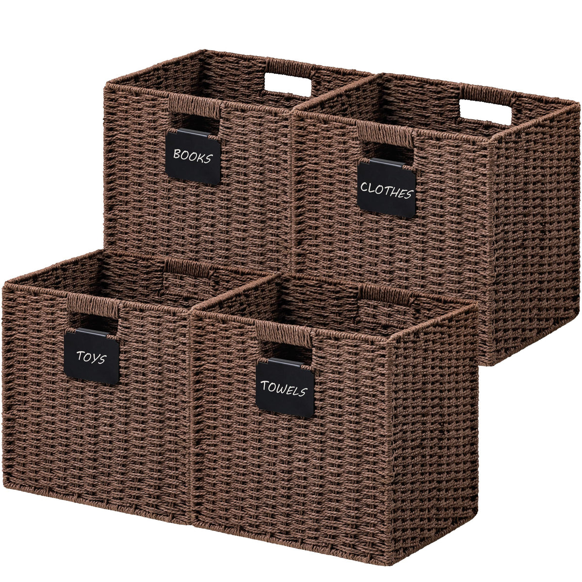 UBBCARE 2 Pack Wicker Basket, 10.5×10.5 Storage Cubes with Label, Foldable Cube Storage Bin with Handle, Square Storage Basket for Shelves, Woven Paper Rope Basket for Organizing, Black