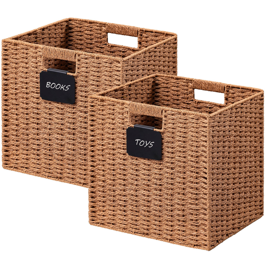 UBBCARE 2 Pack Wicker Basket, 10.5×10.5 Storage Cubes with Label, Foldable Cube Storage Bin with Handle, Square Storage Basket for Shelves, Woven Paper Rope Basket for Organizing, Black