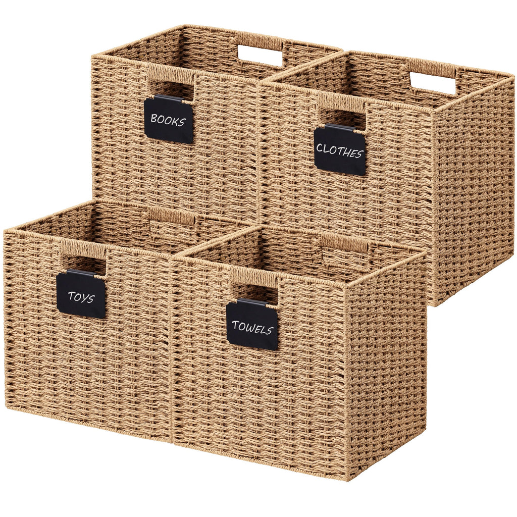 UBBCARE 2 Pack Wicker Basket, 10.5×10.5 Storage Cubes with Label, Foldable Cube Storage Bin with Handle, Square Storage Basket for Shelves, Woven Paper Rope Basket for Organizing, Black